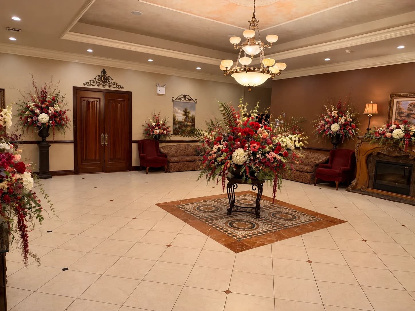 A floral centerpiece and quiet seating in the funeral home's lobby