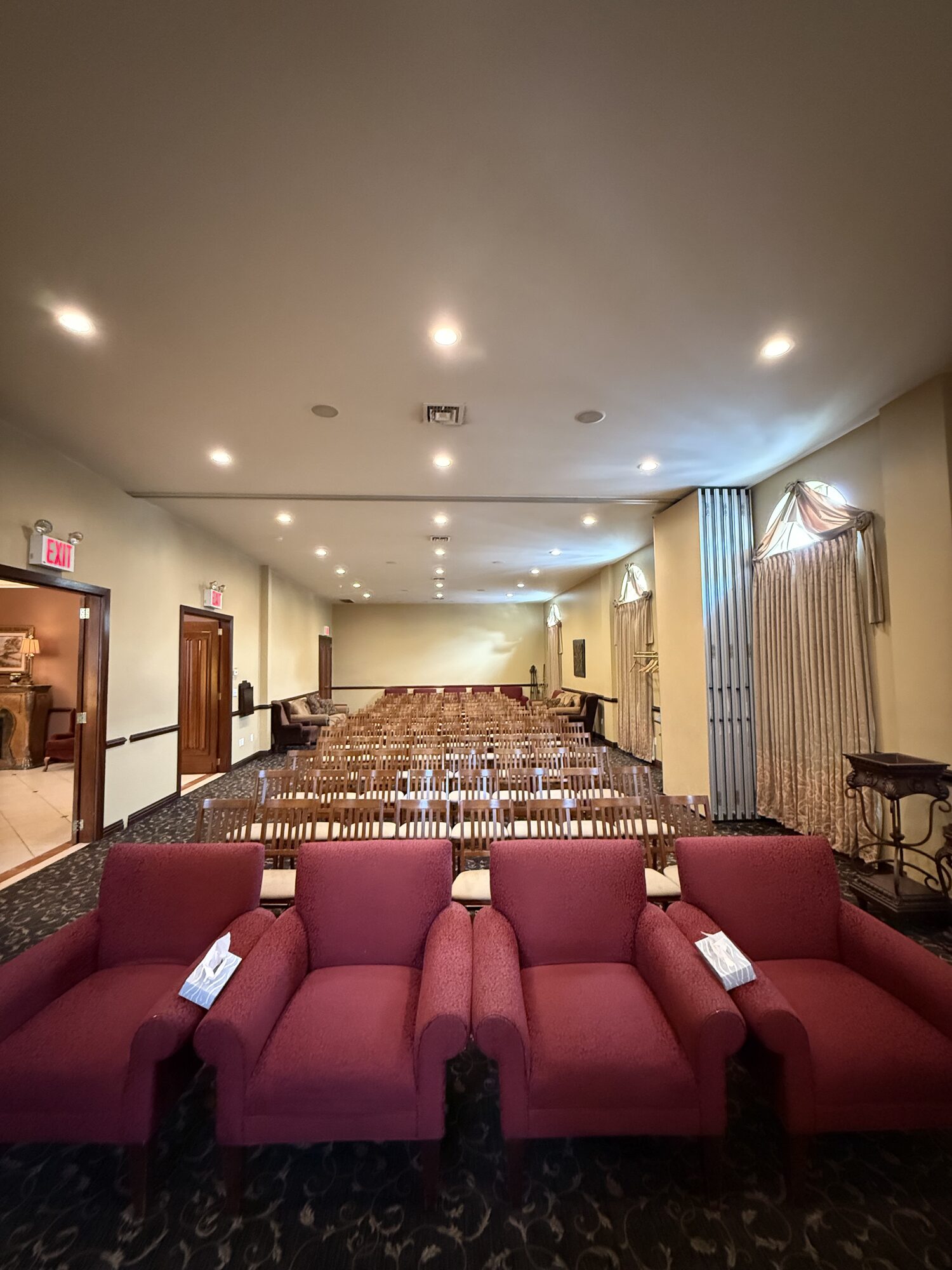 Flexible chapel seating for family, friends, and community gatherings.