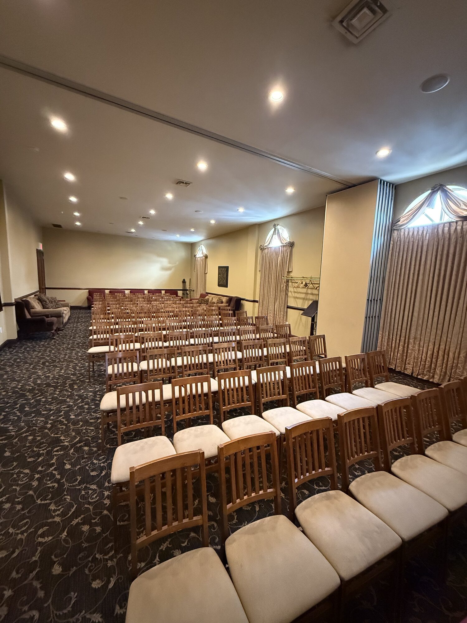 A view across the chapel's main seating area.