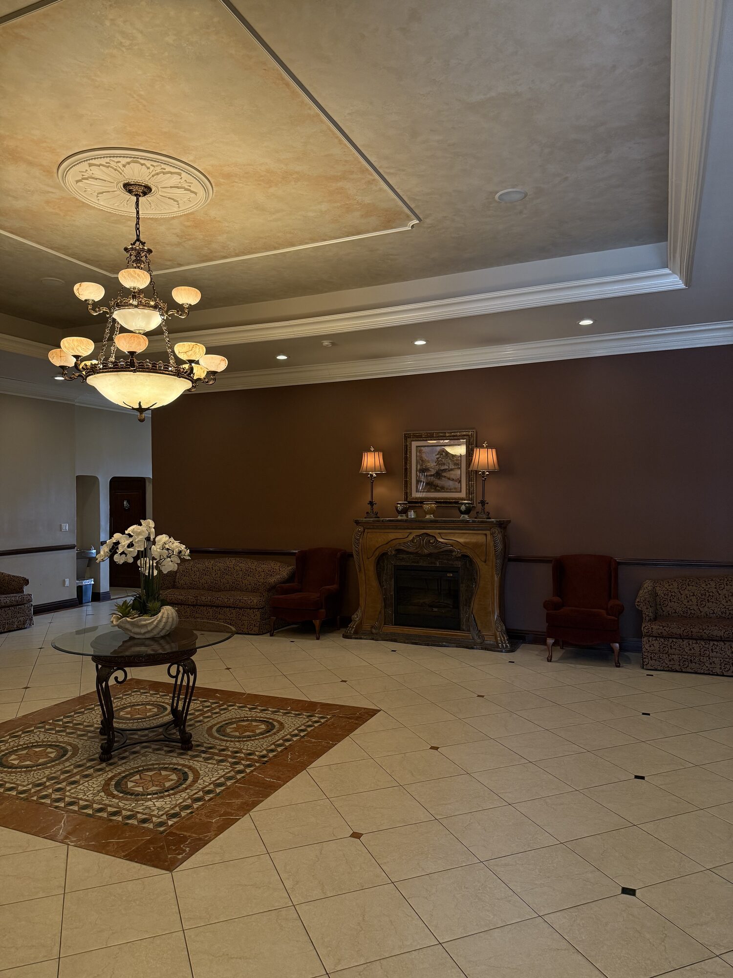 Warm lighting and carefully maintained interior details.
