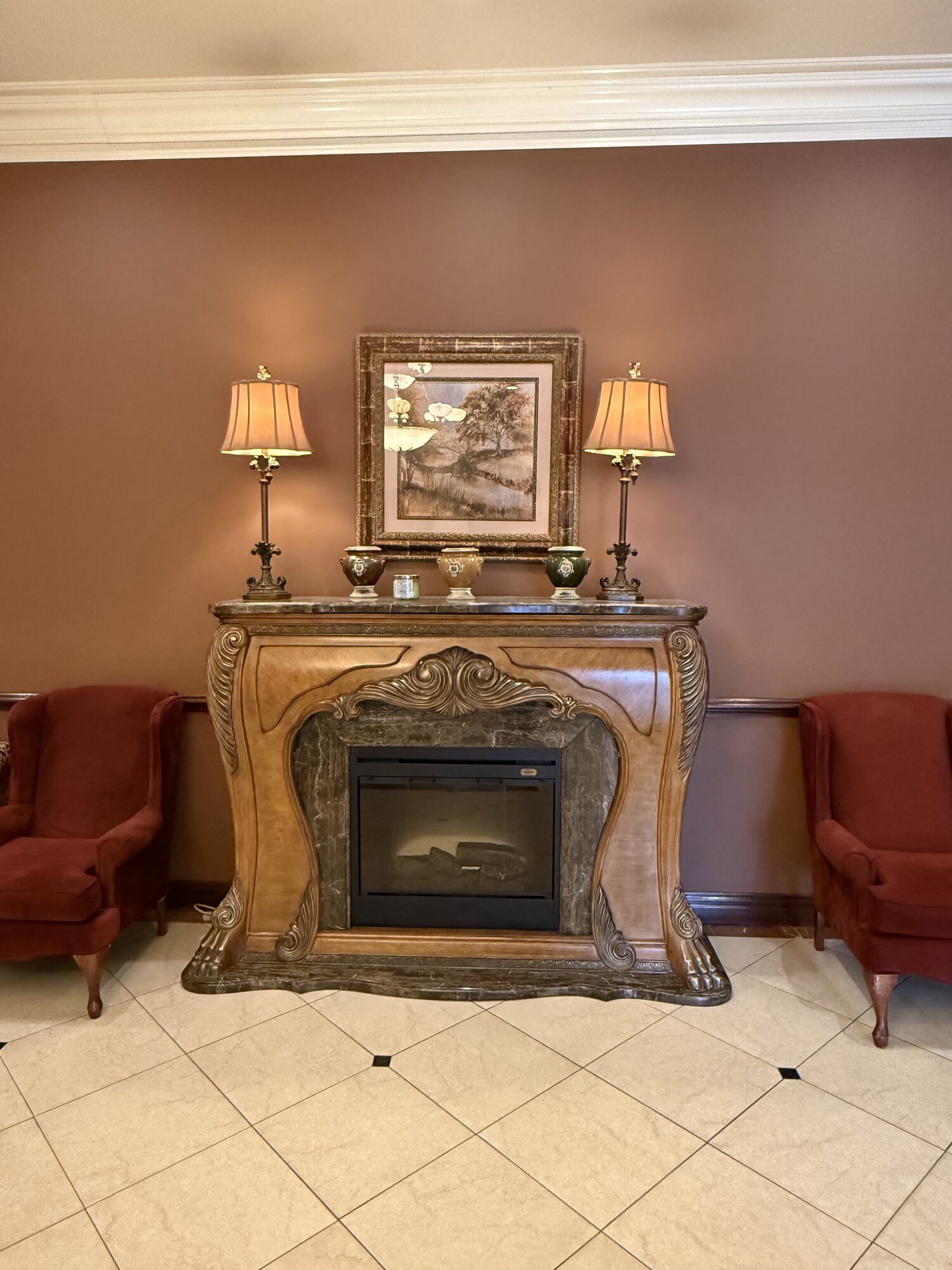 Traditional fireplace decor in one of the family gathering spaces.