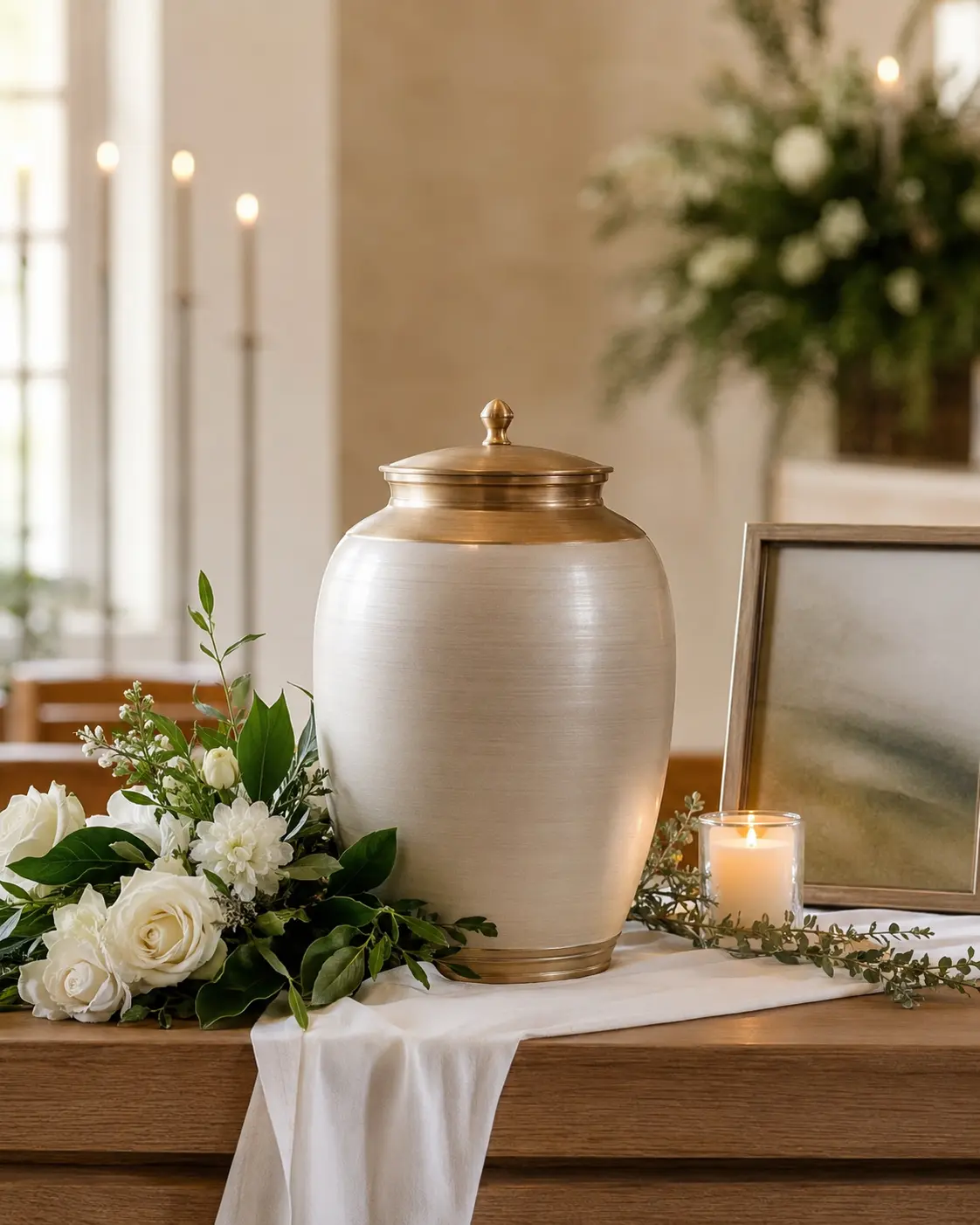An elegant cremation urn arranged with white flowers and warm memorial candles