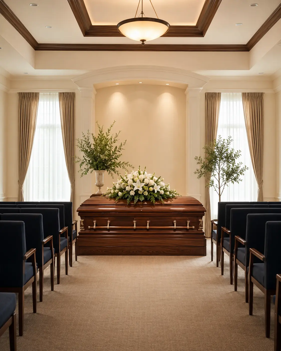 A warm funeral chapel prepared with a closed casket, white flowers, and navy seating