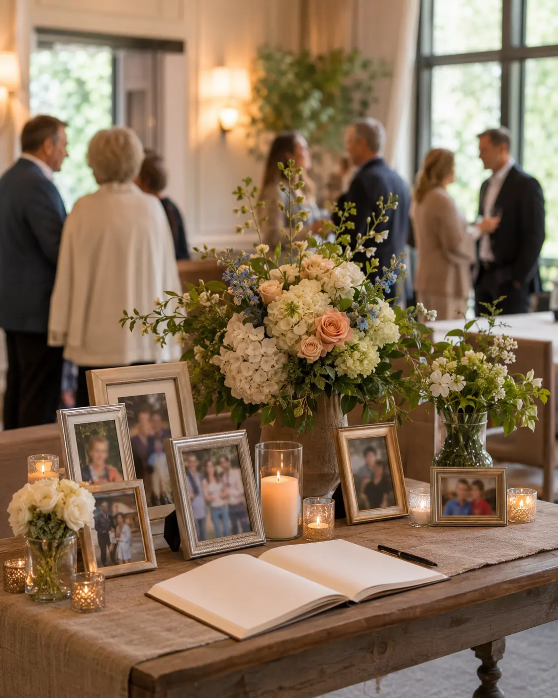A warm celebration-of-life gathering arranged with flowers, photographs, and candles