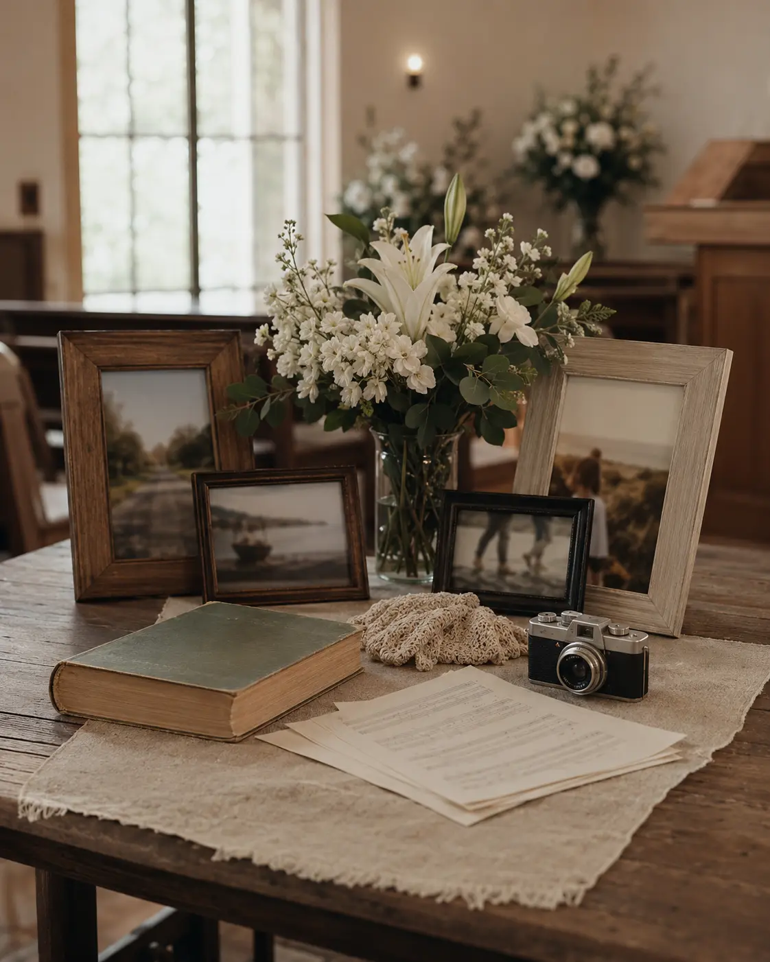 A personalized memorial display with family photographs, flowers, and meaningful keepsakes