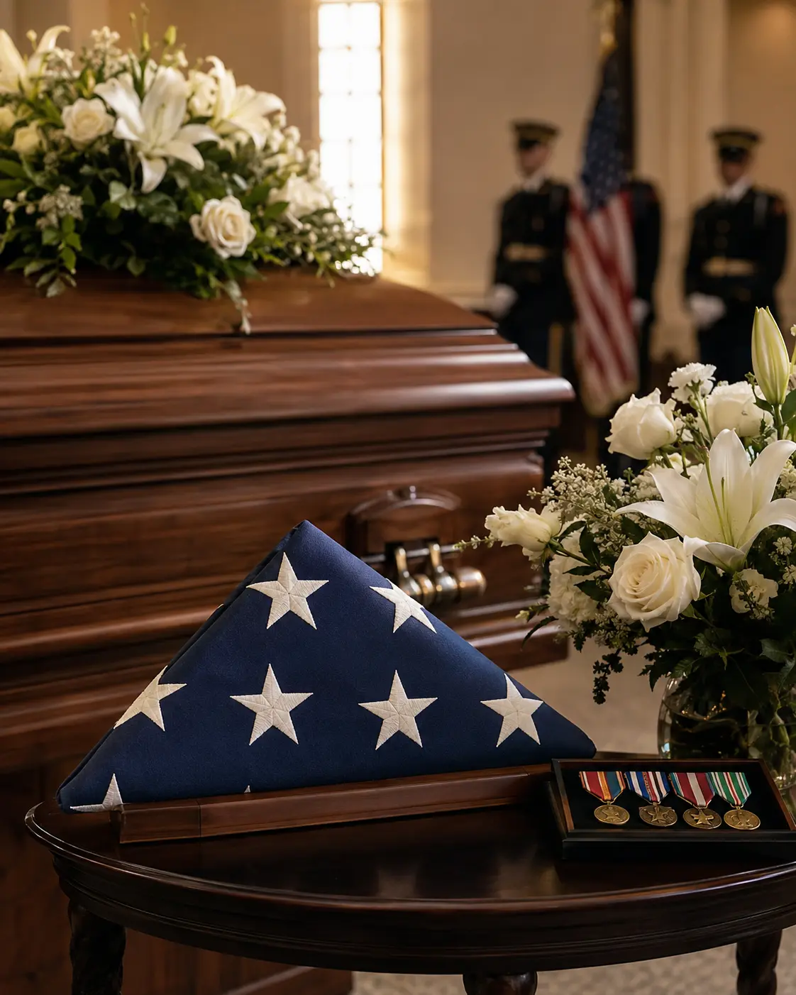 A dignified veteran funeral tribute with a folded American flag and service medals