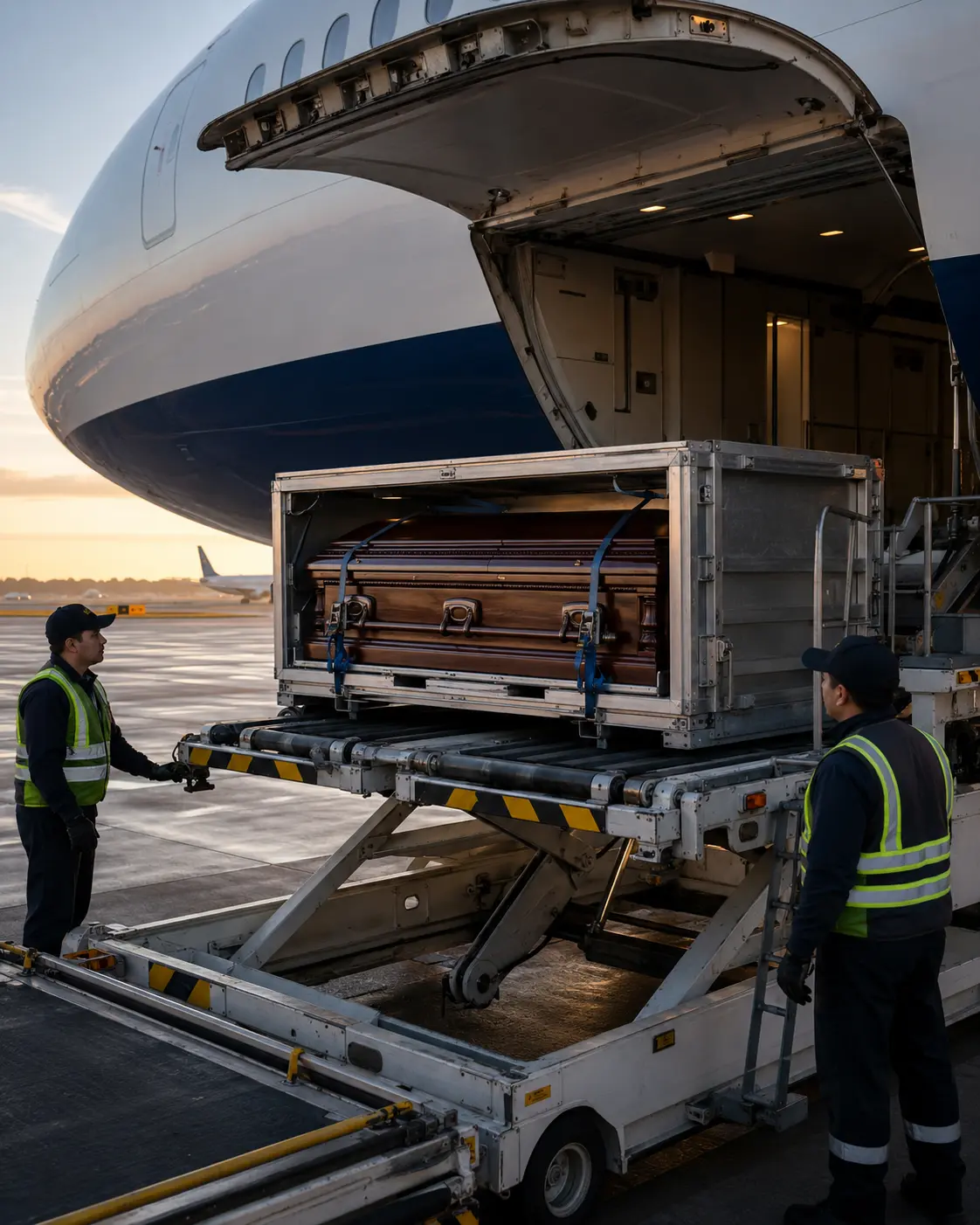 A protected casket being professionally loaded into an airplane cargo hold